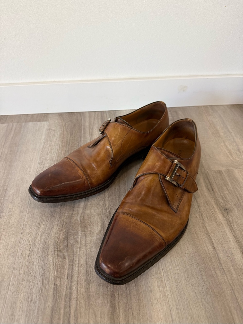 Magnanni Tan Brown Leather Single Monk Strap Dress Shoes